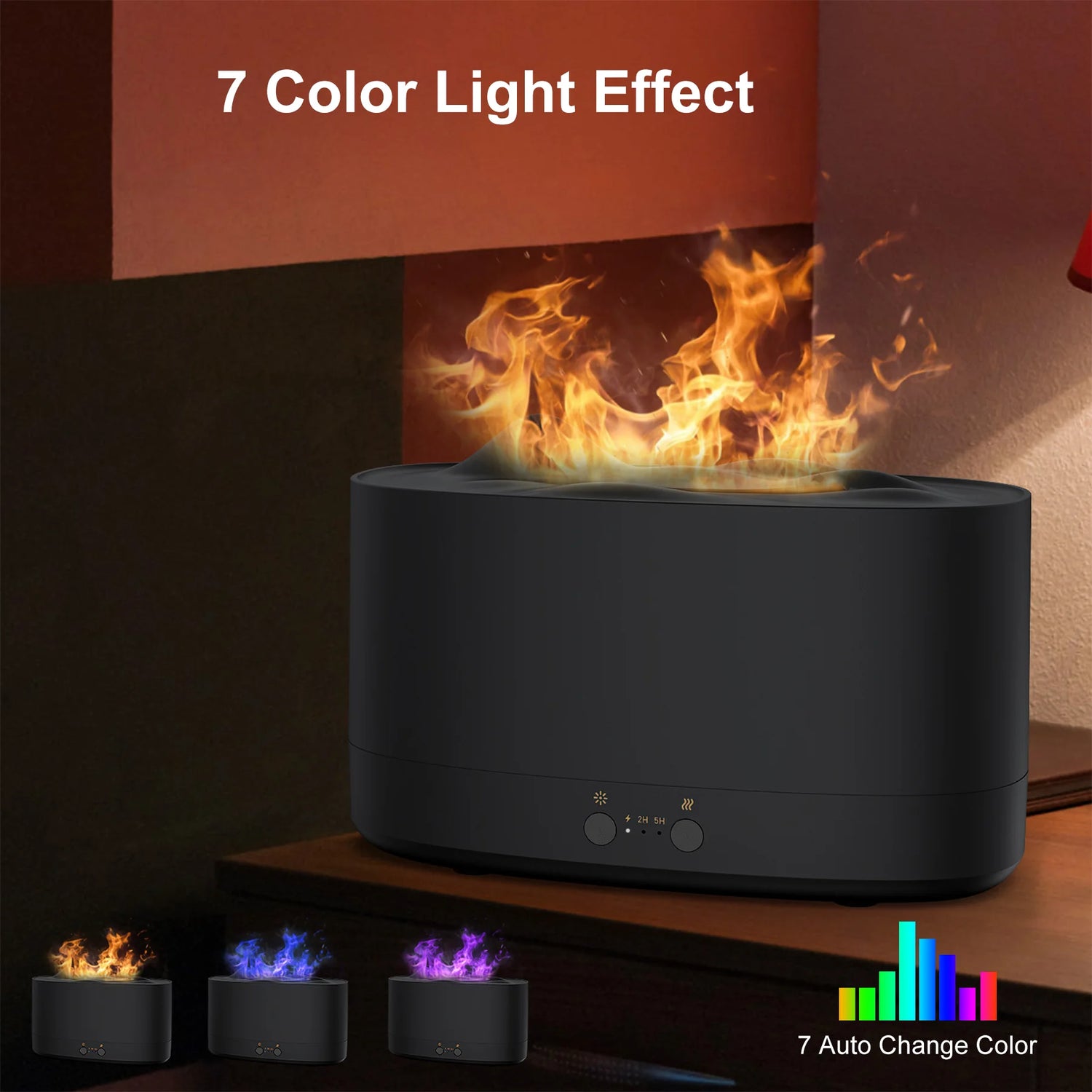 Flame Diffuser Humidifier, 7 Color Essential Oil Diffuser, 200Ml Time Setting for Home, Room, Black