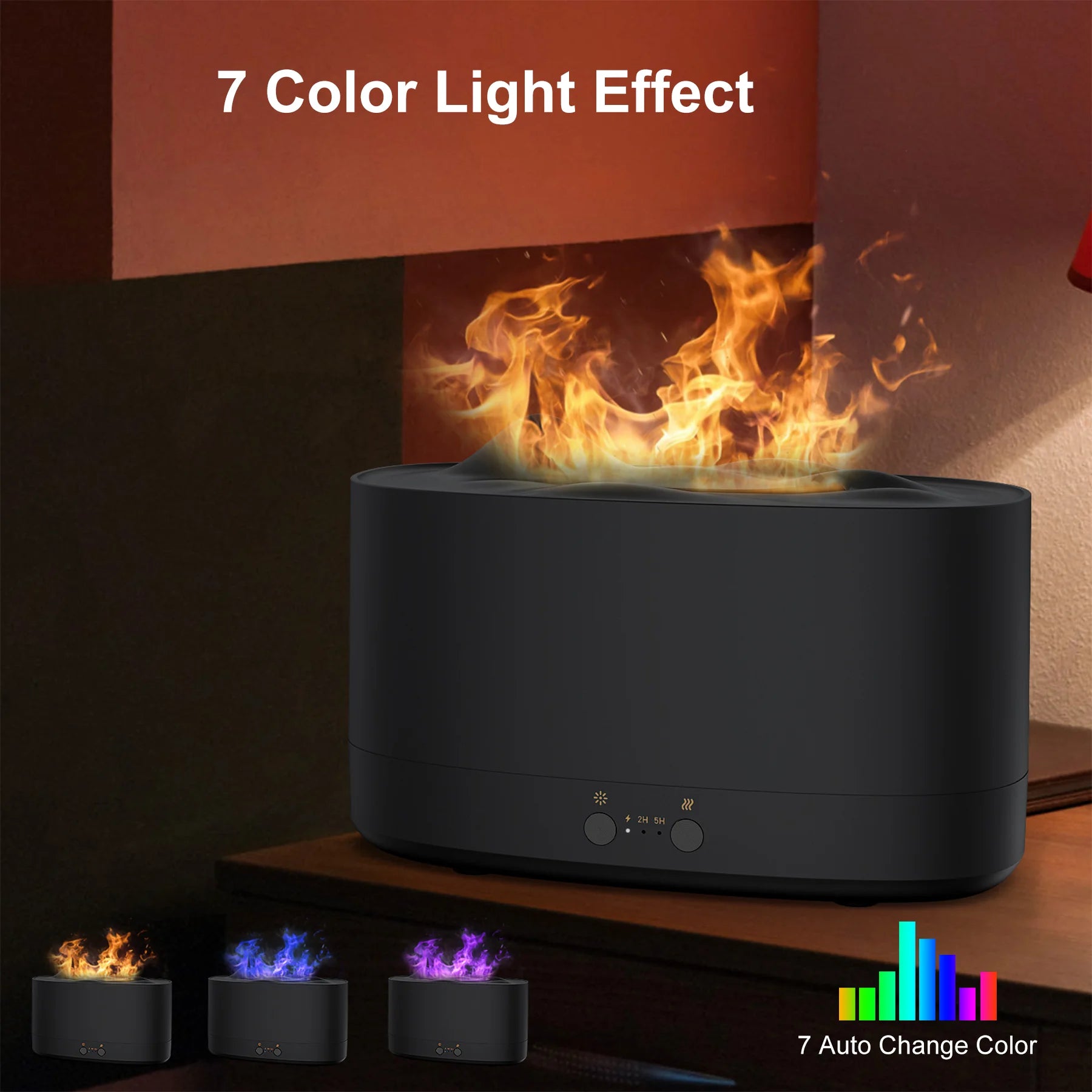 Flame Diffuser Humidifier, 7 Color Essential Oil Diffuser, 200Ml Time Setting for Home, Room, Black