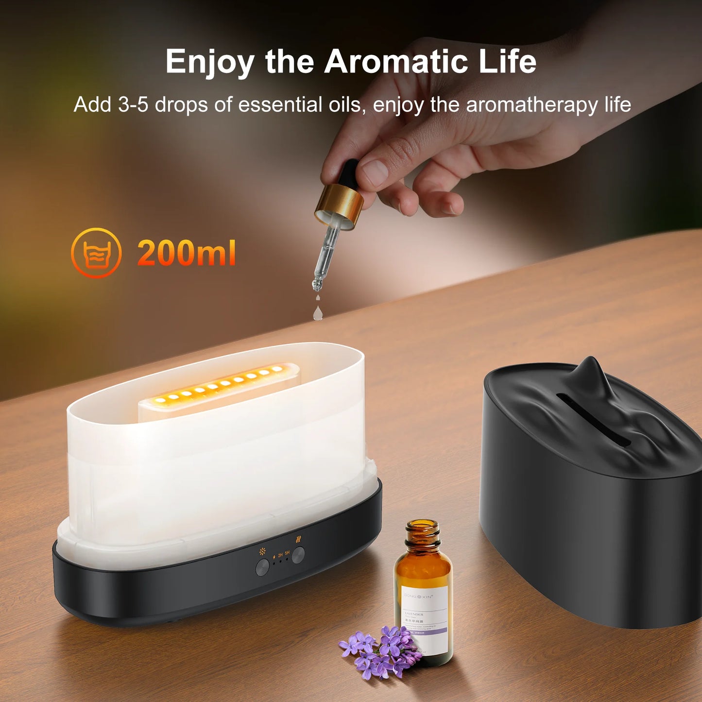 Flame Diffuser Humidifier, 7 Color Essential Oil Diffuser, 200Ml Time Setting for Home, Room, Black